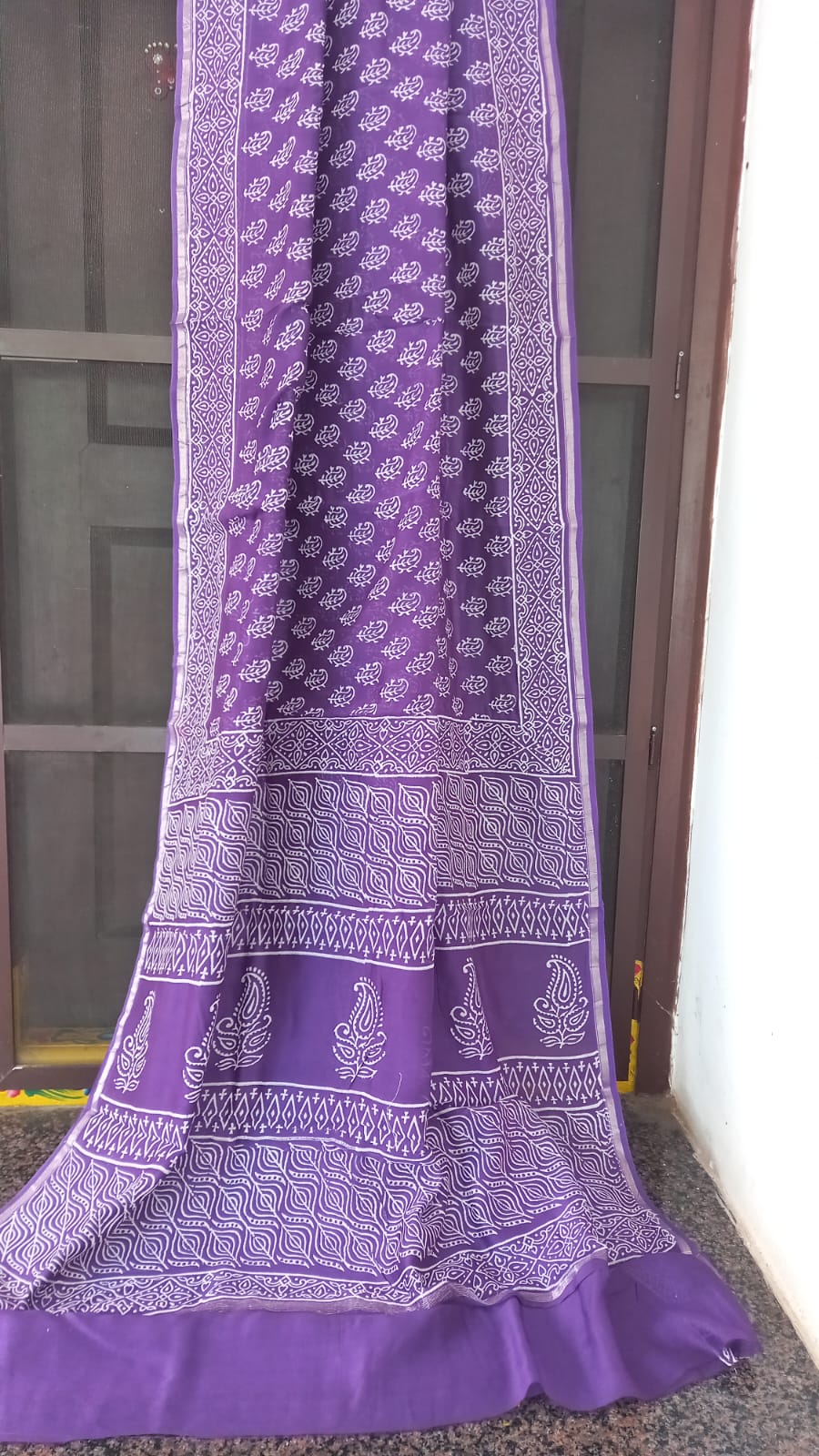 PURPLE HANDBLOCK PRINT AJHRAKH CHANDERI SILK SAREE