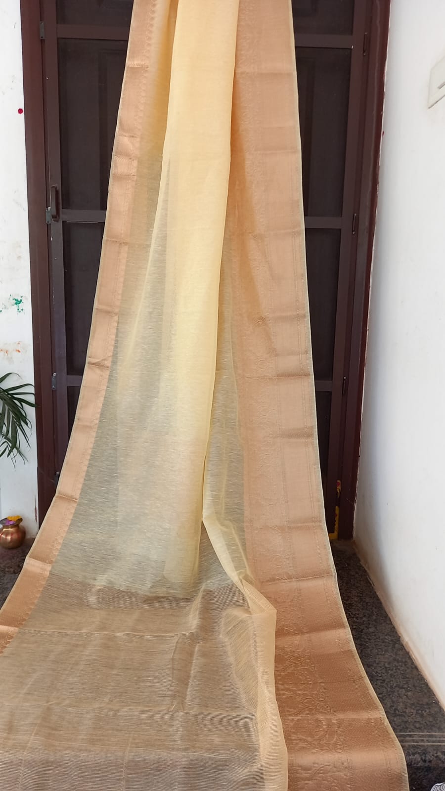 LIGHT YELLOW BENARSI PURE LINEN SAREE