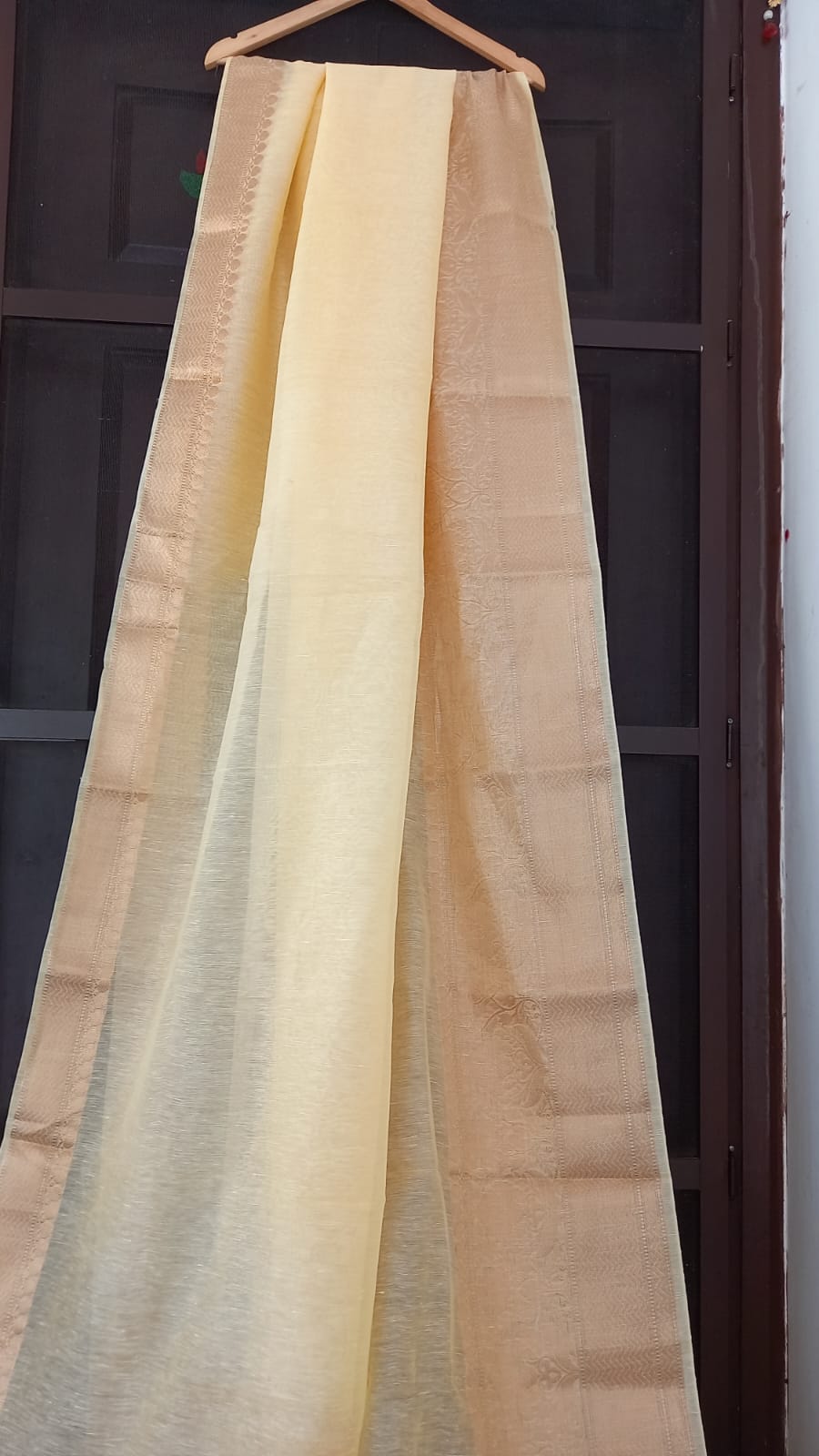 LIGHT YELLOW BENARSI PURE LINEN SAREE