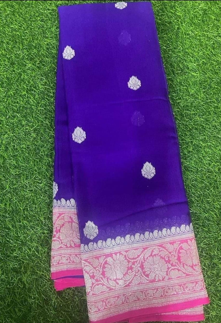 PURE CHIFFON BLUE AND PINK BENARSI SAREE