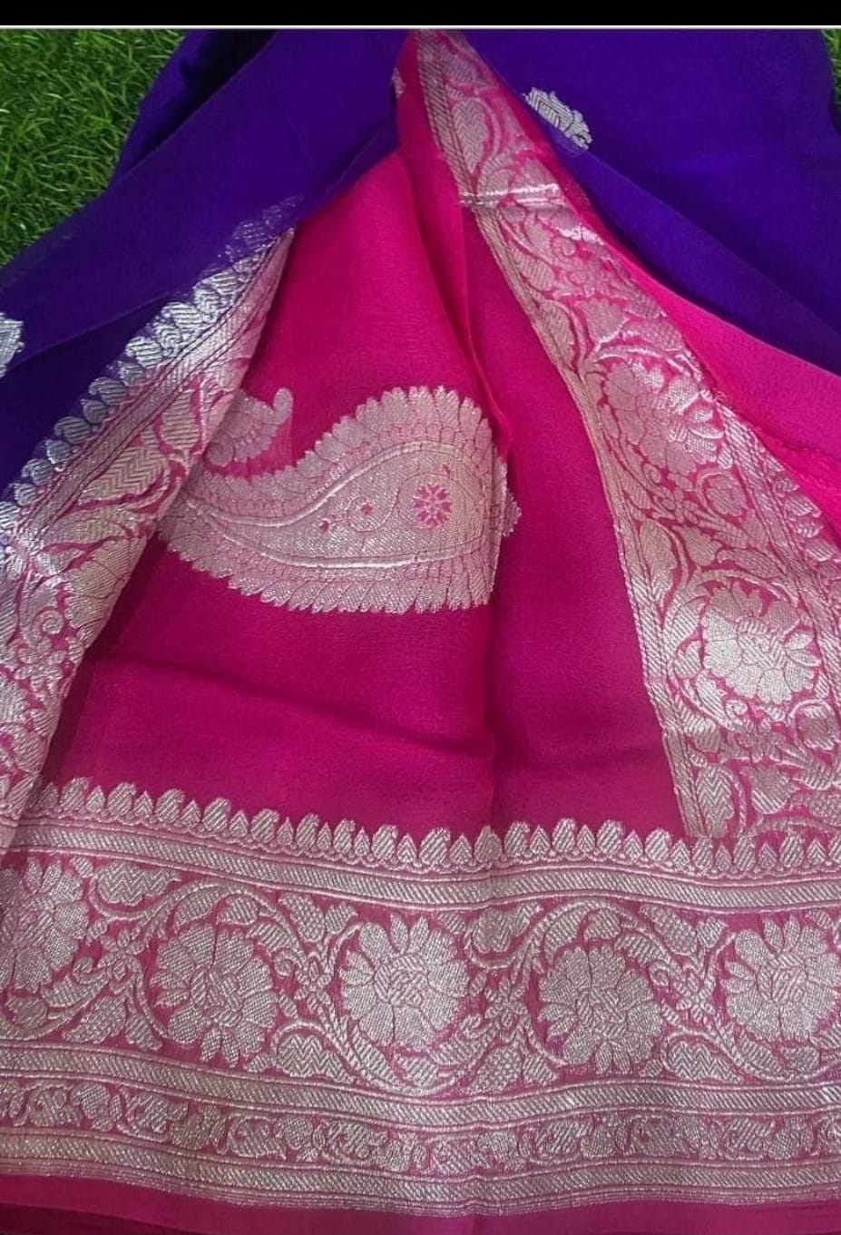 PURE CHIFFON BLUE AND PINK BENARSI SAREE