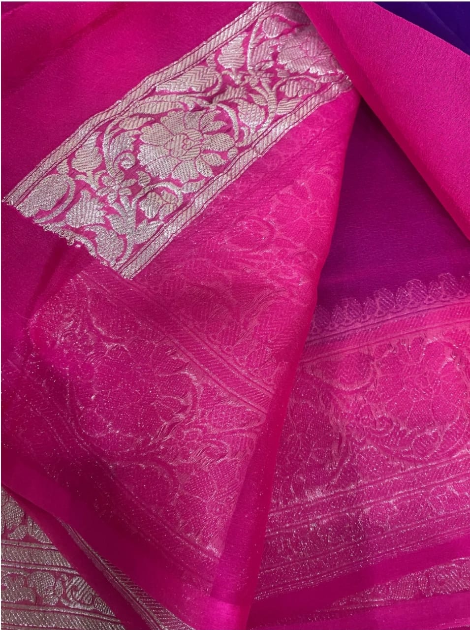 PURE CHIFFON BLUE AND PINK BENARSI SAREE