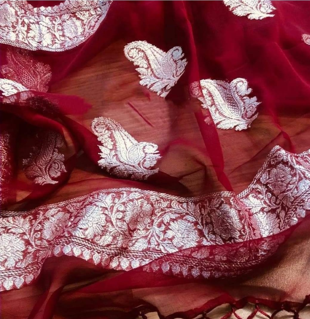 PURE CHIFFON WINE RED BENARSI SAREE