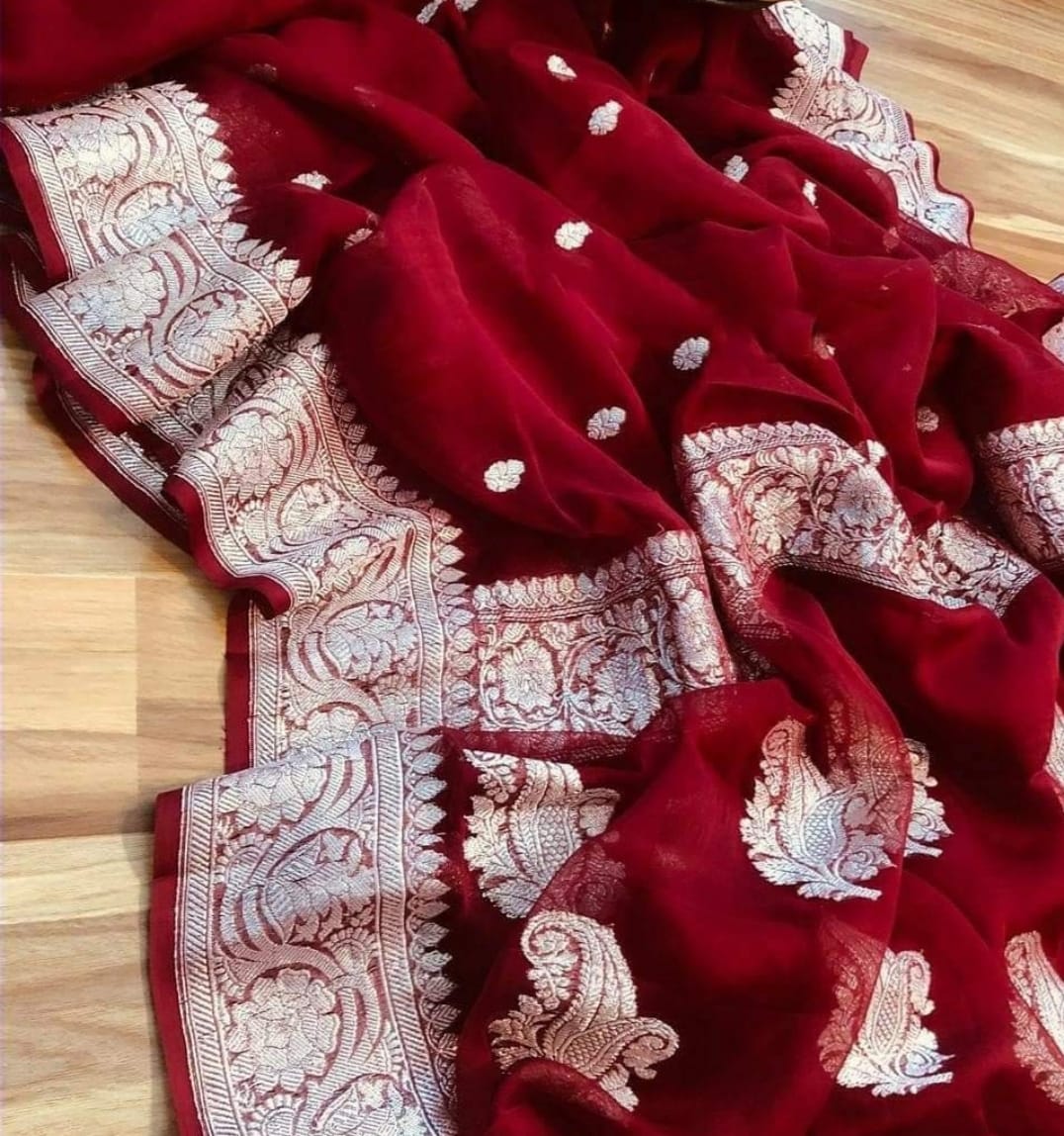 PURE CHIFFON WINE RED BENARSI SAREE
