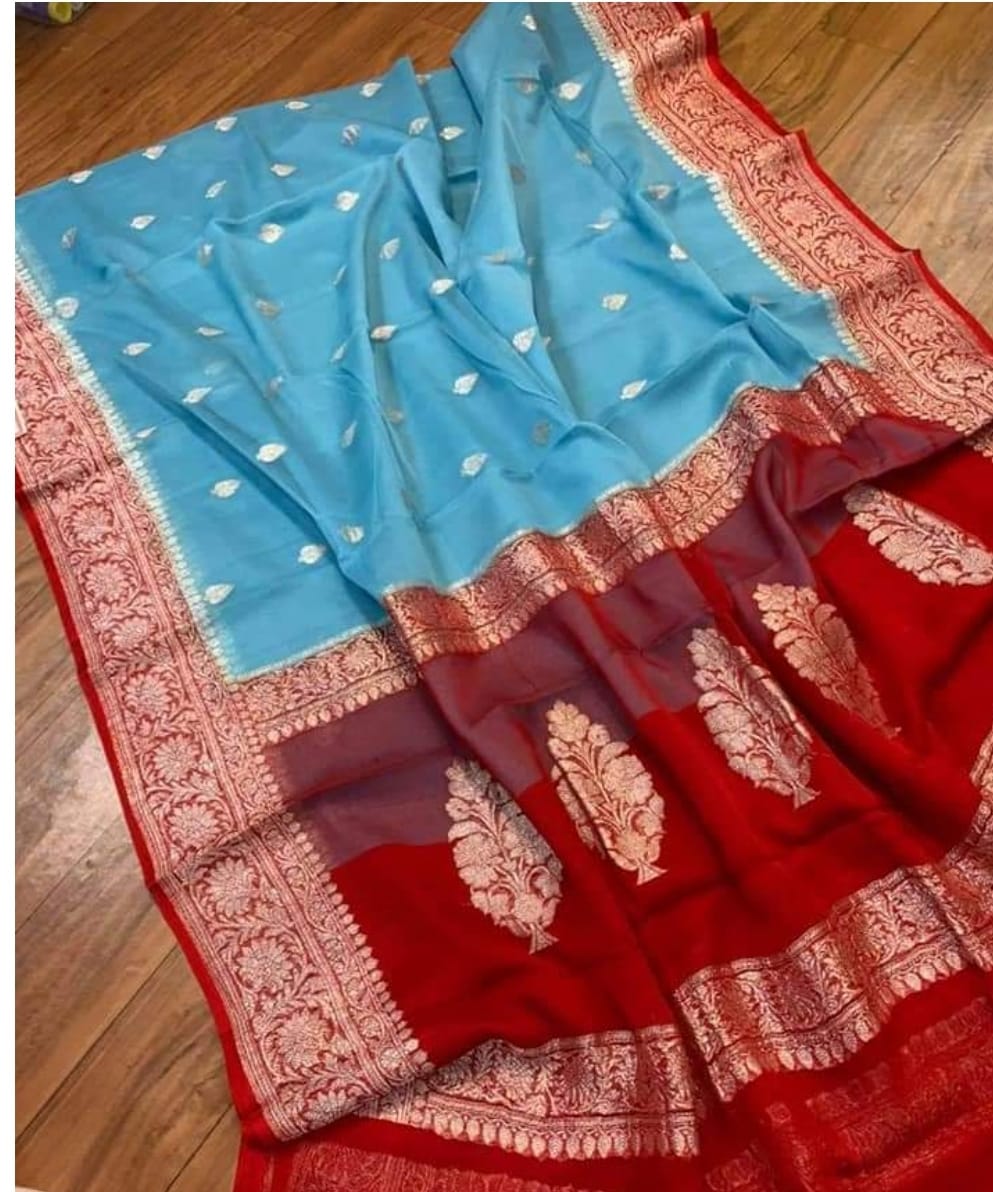 SKY BLUE AND RED PURE BENARSI CHIFFON SAREE
