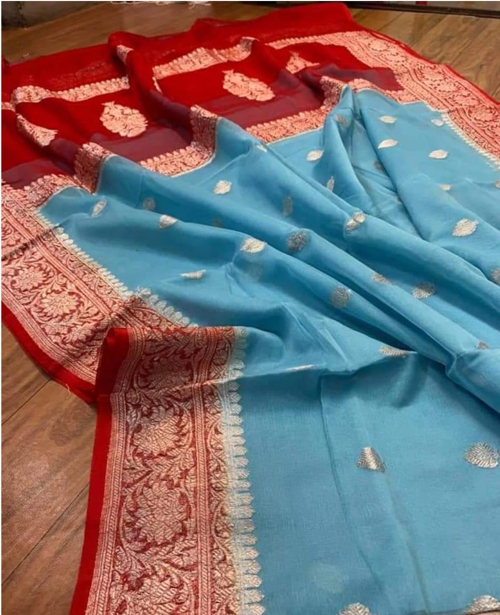 SKY BLUE AND RED PURE BENARSI CHIFFON SAREE