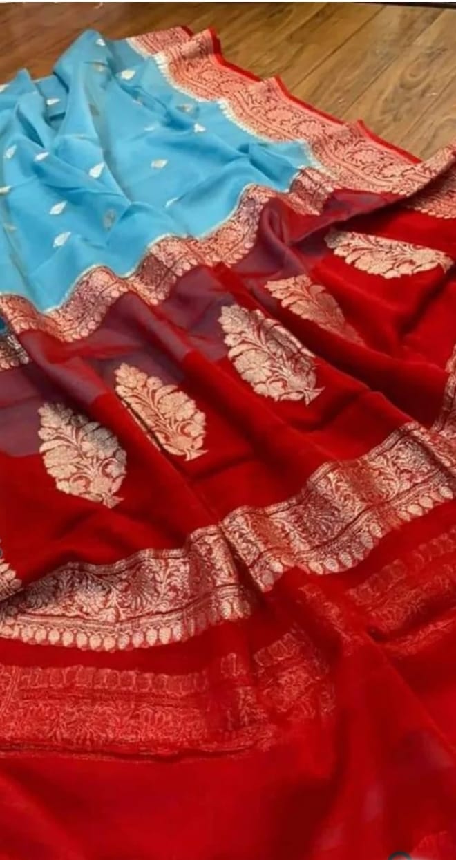 SKY BLUE AND RED PURE BENARSI CHIFFON SAREE