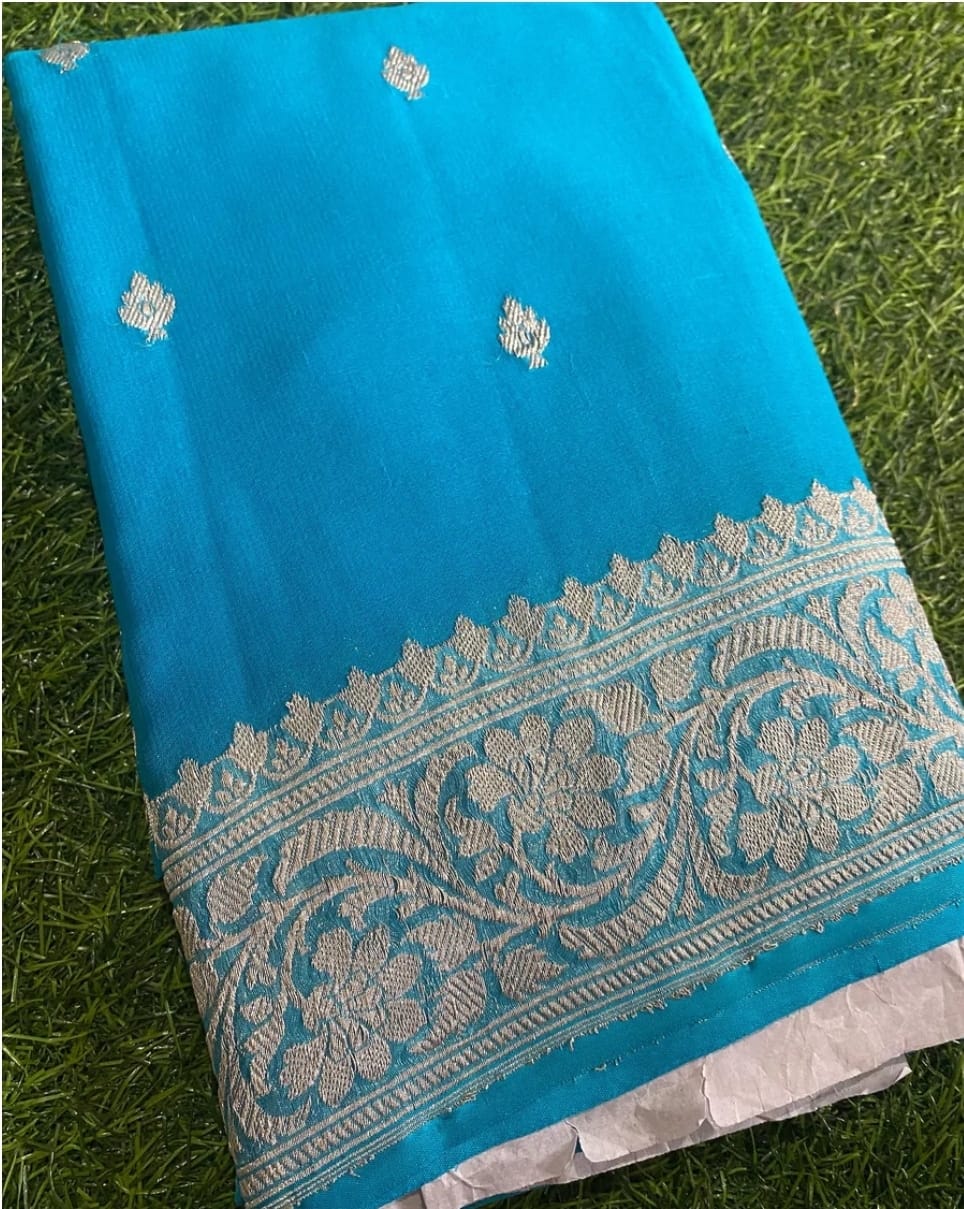 SKY BLUE PURE CHIFFON BENARSI SAREE