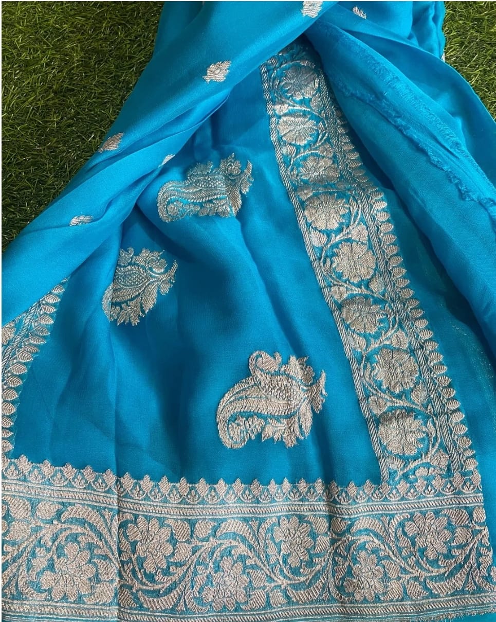 SKY BLUE PURE CHIFFON BENARSI SAREE