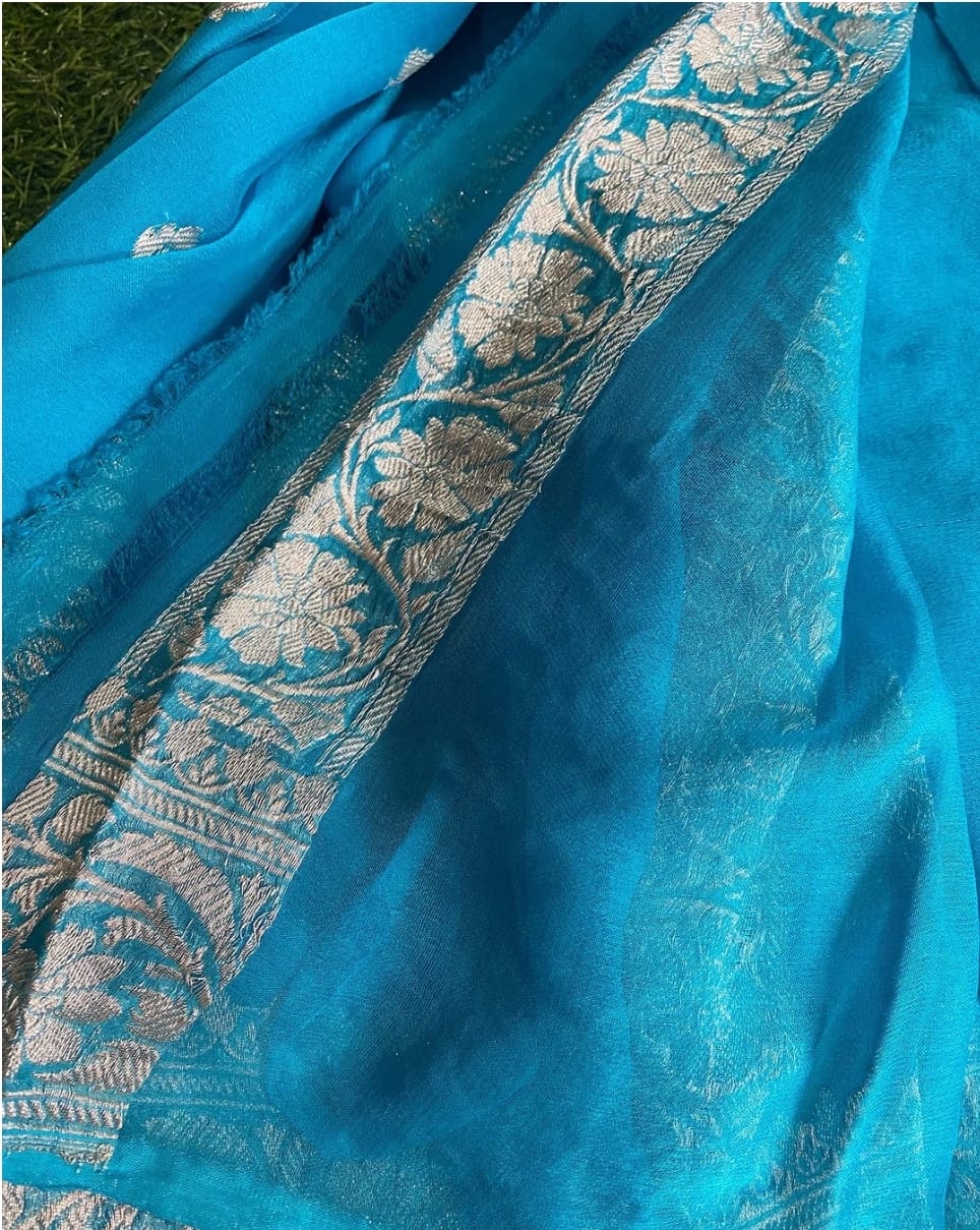 SKY BLUE PURE CHIFFON BENARSI SAREE