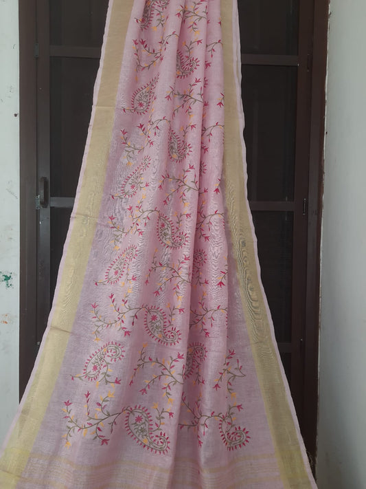 BABY PINK PURE LINEN SAREE