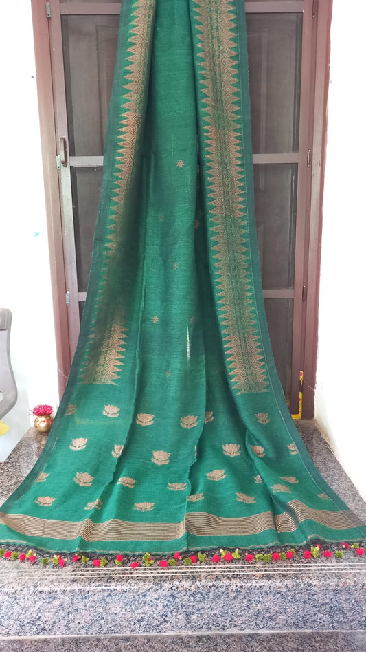 DARK GREEN PURE HANDLOOM LINEN SAREE