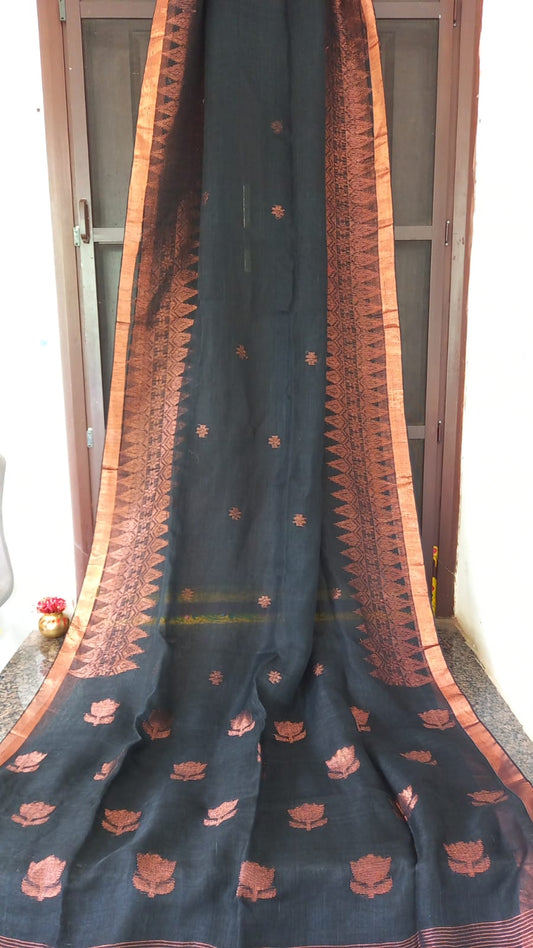 BLACK PURE HANDLOOM LINEN SAREE