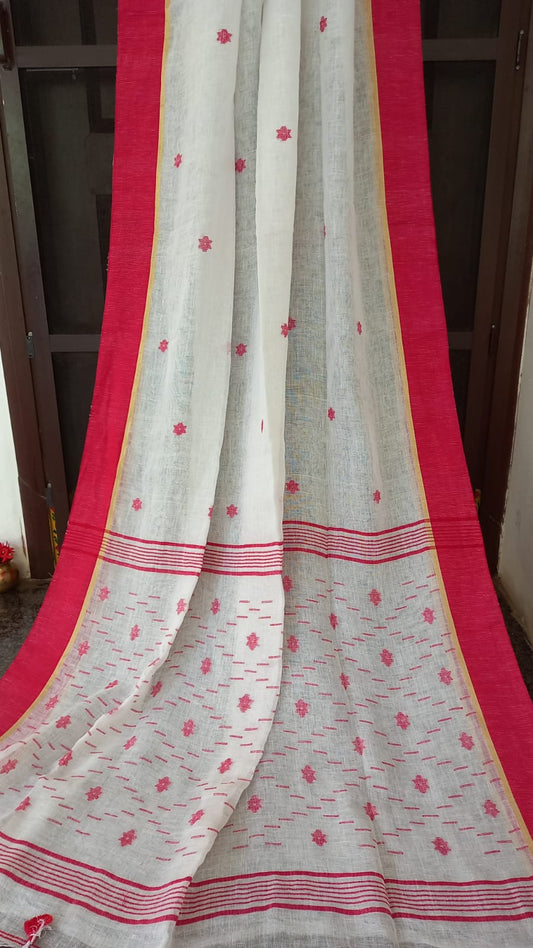 WHITE PURE HANDLOOM LINEN SAREE