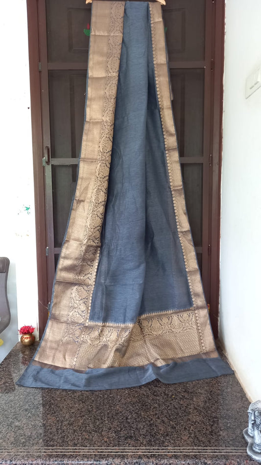 GREY PURE LINEN BENARSI SAREE