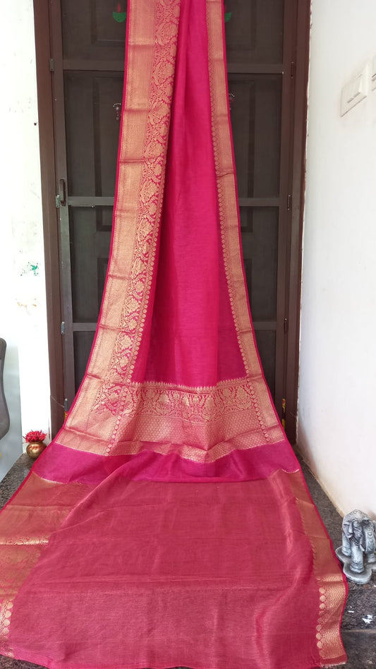 RANI PINK PURE LINEN BENARSI SAREE