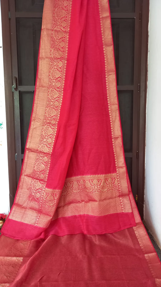 RED PURE LINEN BENARSI SAREE