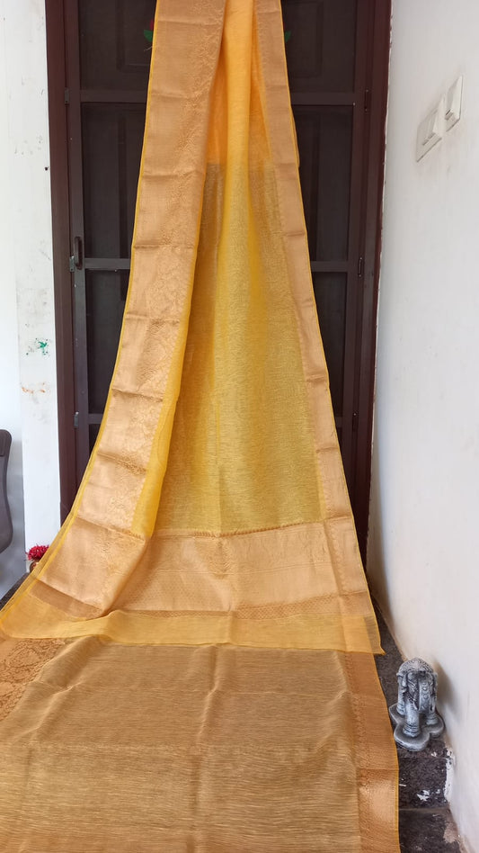 YELLOW PURE LINEN BENARSI SAREE