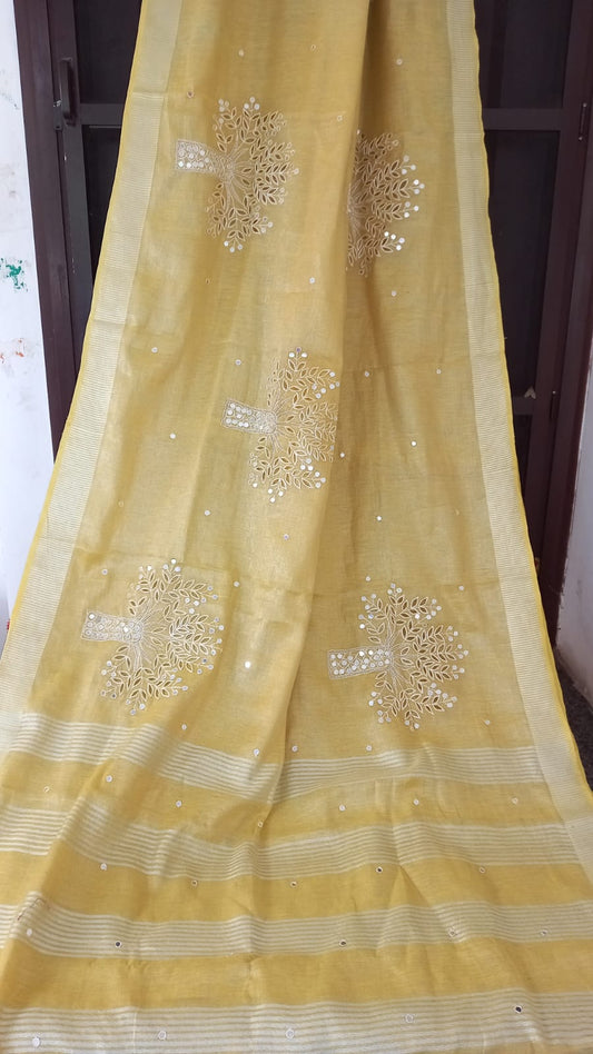EXCLUSIVE YELLOW TISSUE LINEN SAREE WITH HAND EMBROIDERY