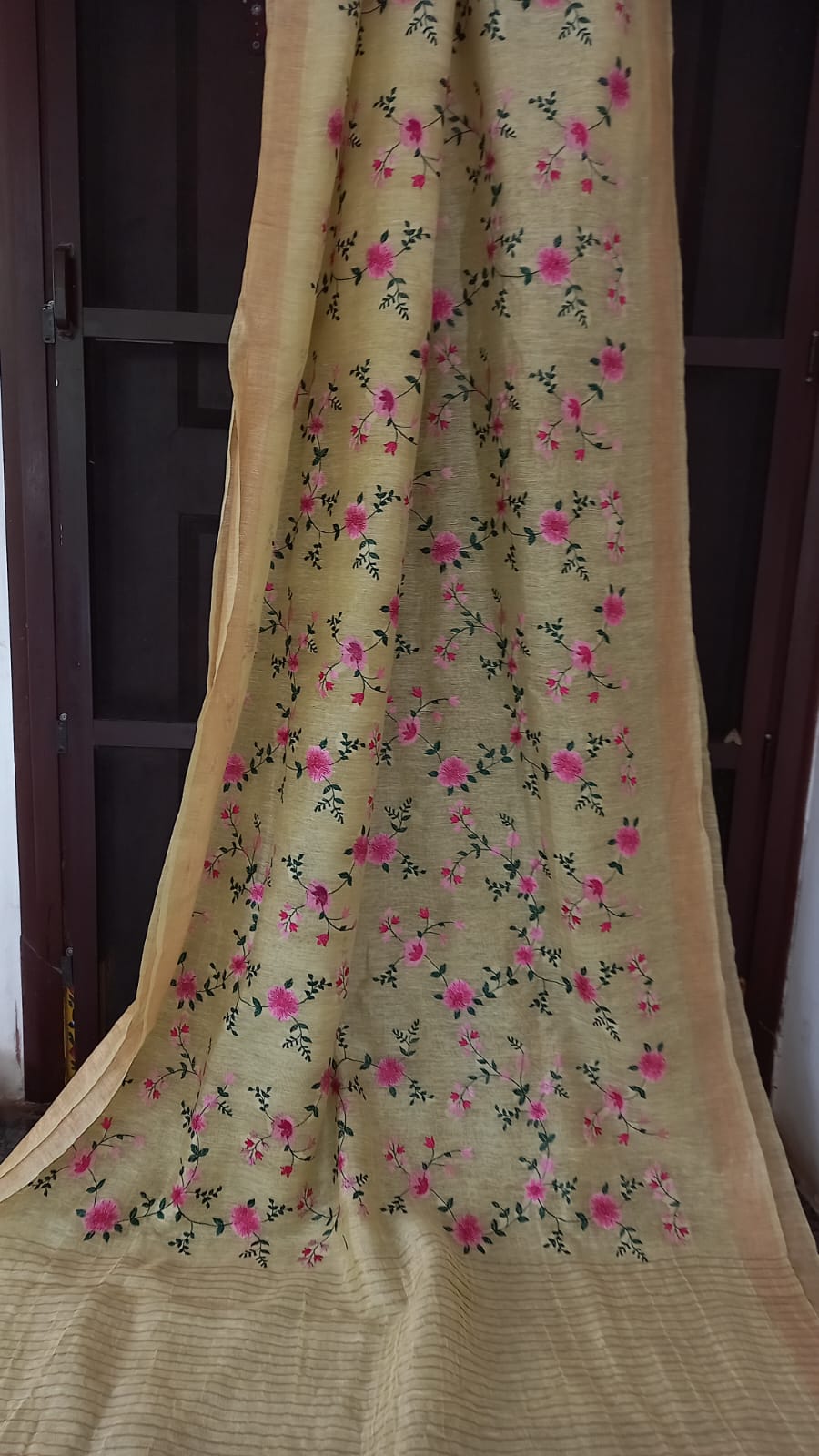 EXCLUSIVE YELLOW FLETCHER SILK LINEN SAREE WITH EMBROIDERY WORK