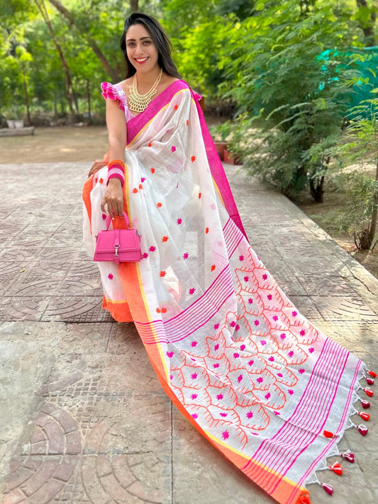 WHITE PURE HANDLOOM LINEN SAREE