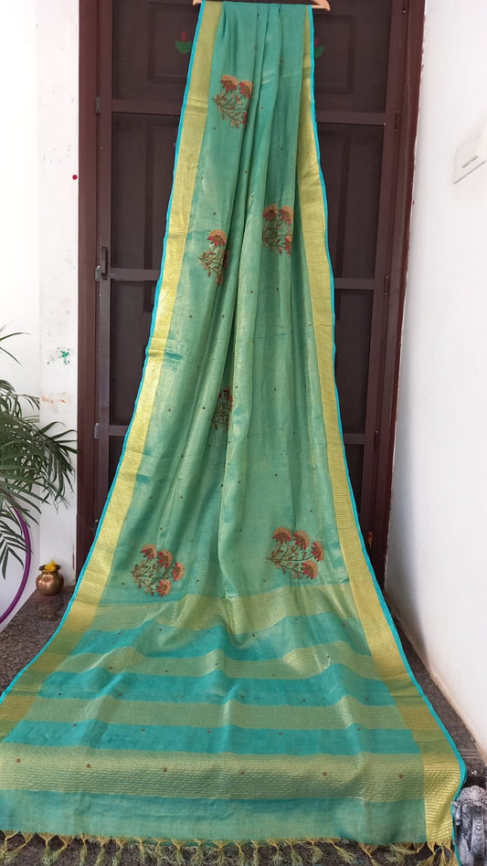 HANDWOVEN SKY BLUE TISSUE LINEN SAREE WITH HAND EMBROIDERY