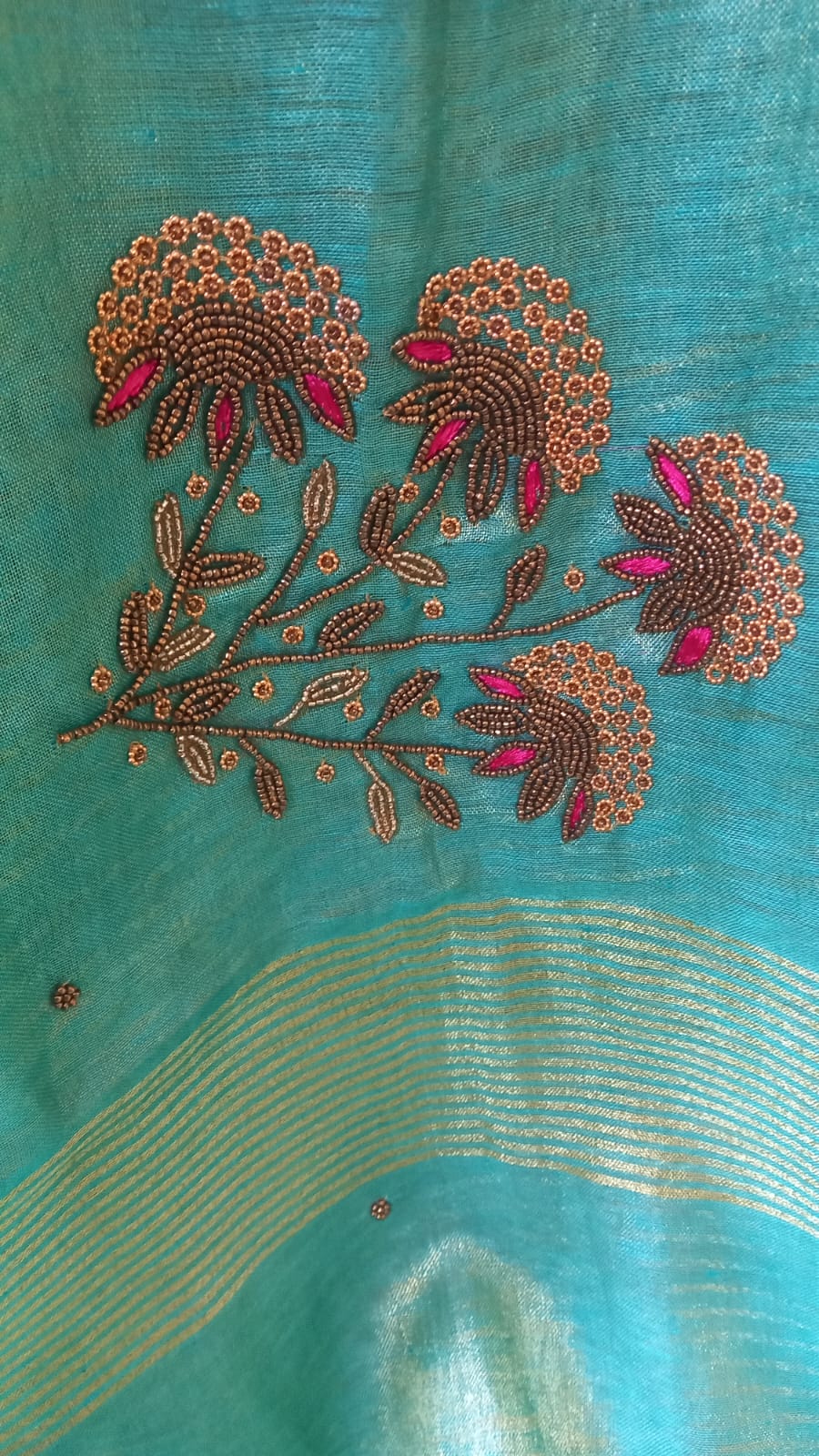 HANDWOVEN SKY BLUE TISSUE LINEN SAREE WITH HAND EMBROIDERY