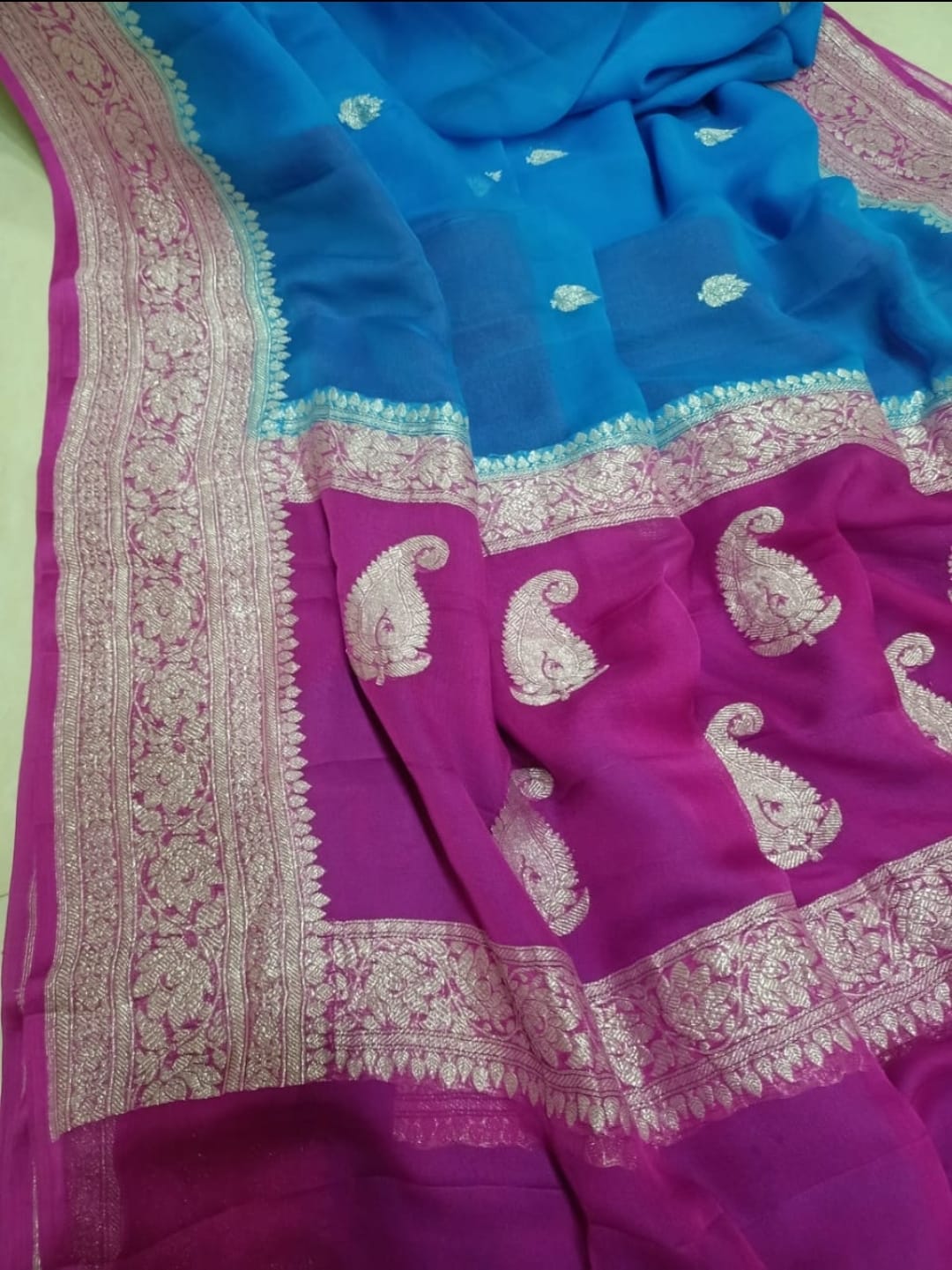 BLUE AND PINK PURE HANDLOOM BENARSI CHIFFON SAREE