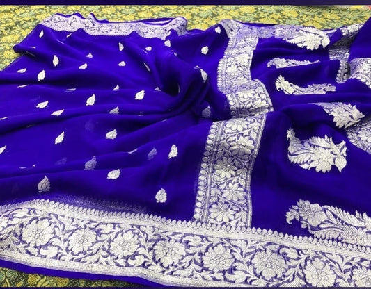 BLUE PURE HANDLOOM BENARSI CHIFFON SAREE