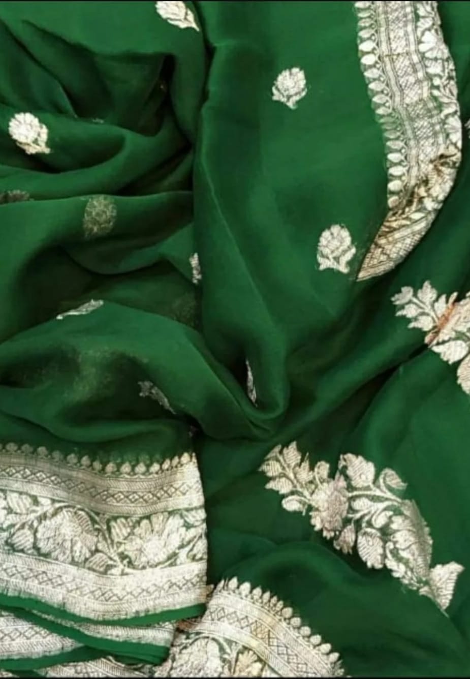 BOTTLE GREEN PURE HANDLOOM BENARSI CHIFFON SAREE