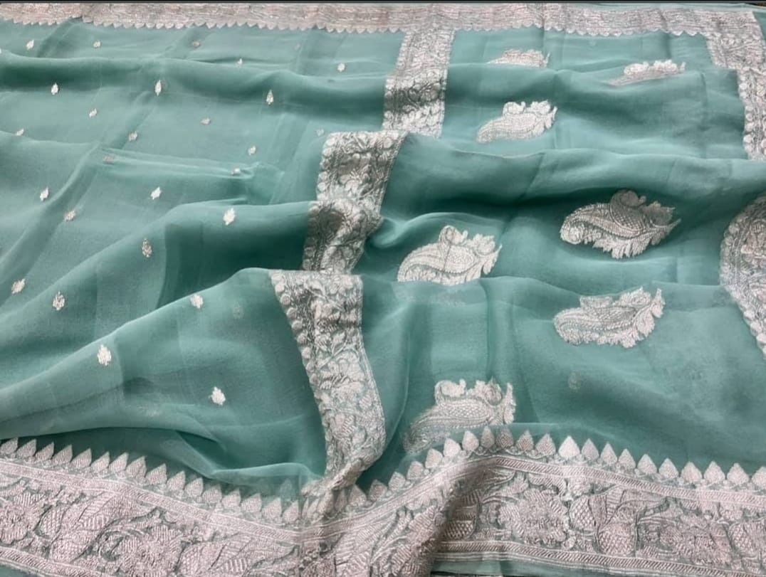 PASTEL GREEN PURE HANDLOOM BENARSI CHIFFON SAREE