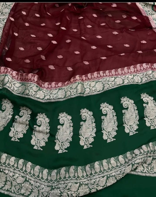 MAROON AND GREEN PURE HANDLOOM BENARSI CHIFFON SAREE