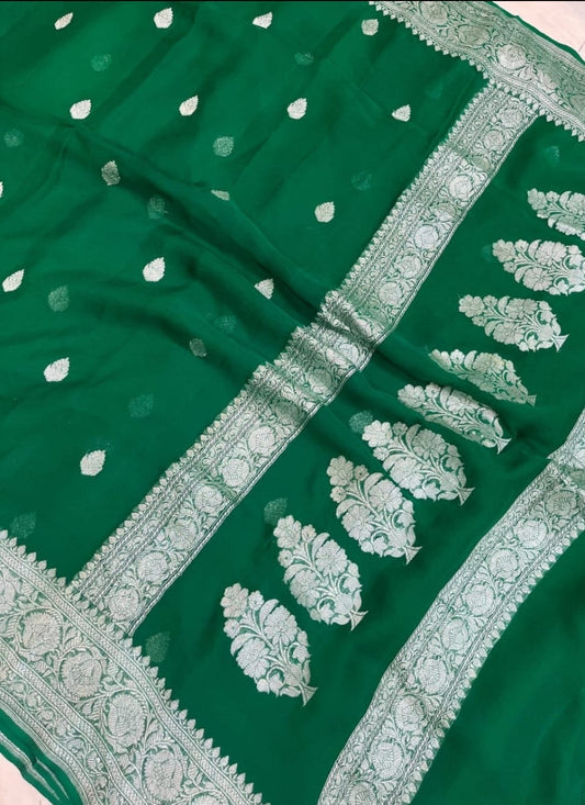 BOTTLE GREEN PURE HANDLOOM BENARSI CHIFFON SAREE