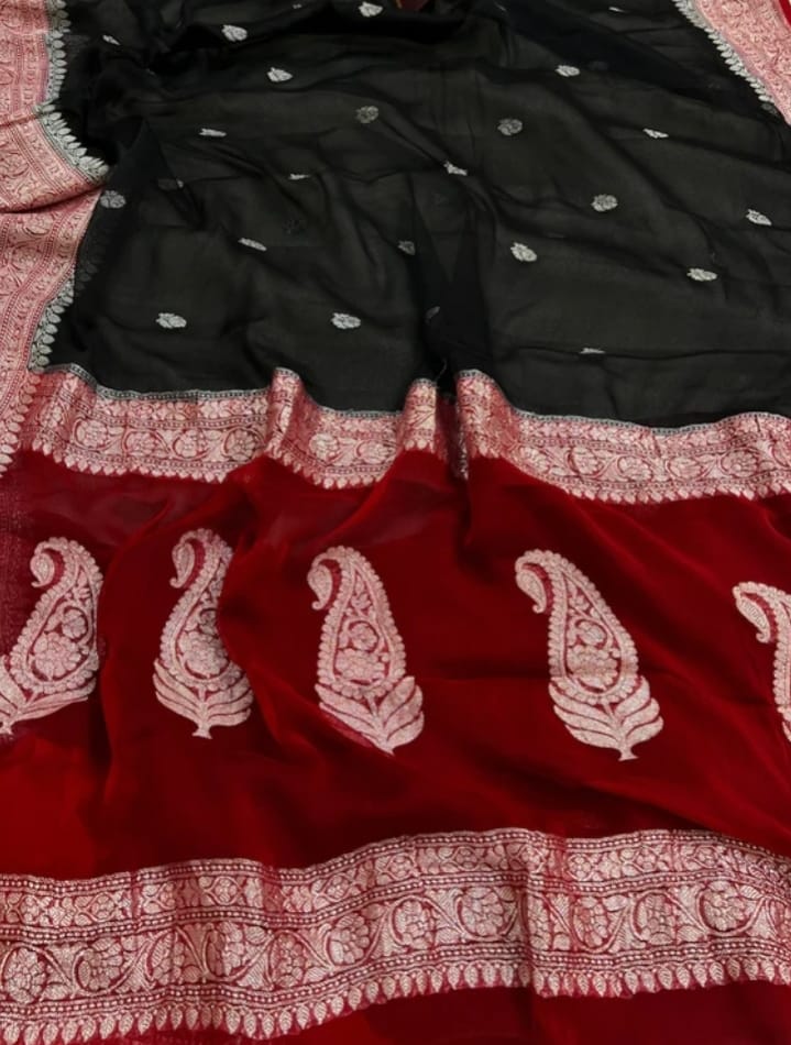 BLACK AND RED PURE CHIFFON BENARSI SAREE