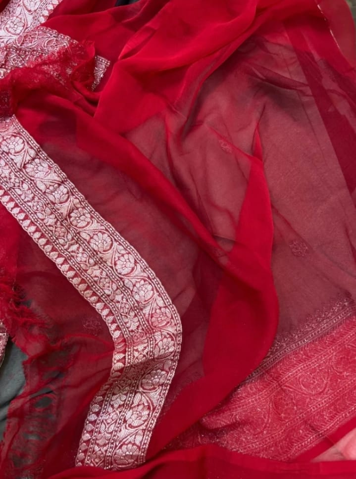 BLACK AND RED PURE CHIFFON BENARSI SAREE