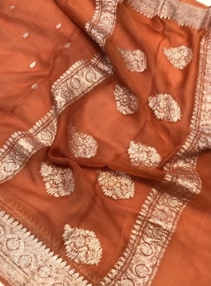 EARTHY BROWN PURE HANDLOOM BENARSI CHIFFON SAREE