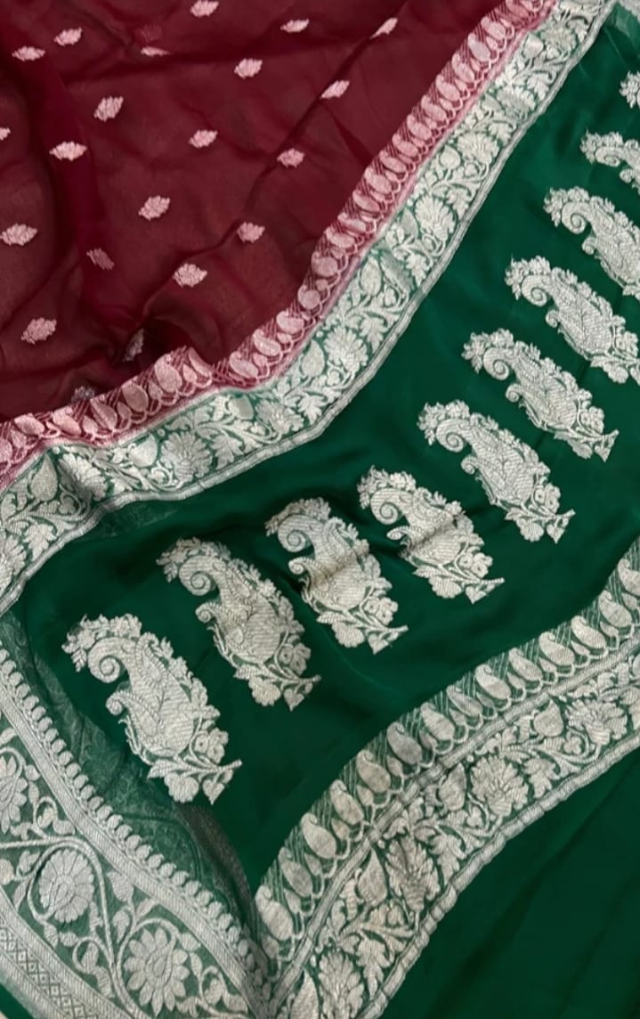 MAROON AND GREEN PURE HANDLOOM BENARSI CHIFFON SAREE