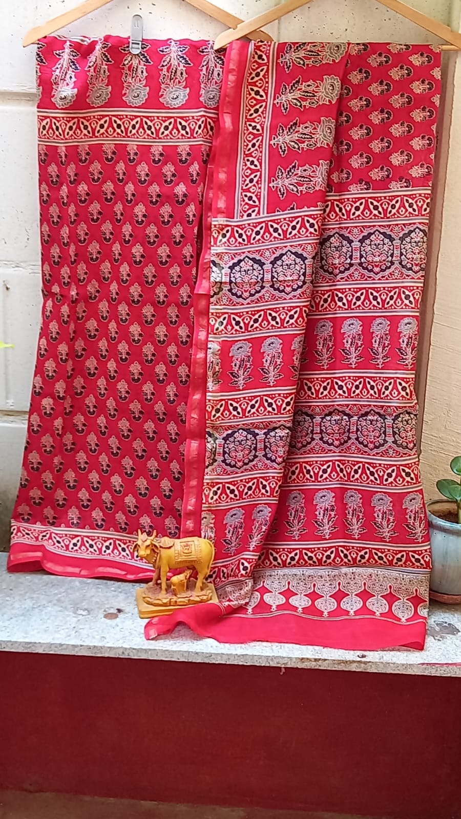 RED HANDBLOCK PRINT AJHRAKH CHANDERI SILK SAREE