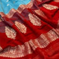 SKY BLUE AND RED PURE BENARSI CHIFFON SAREE